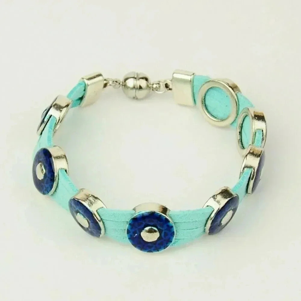 Hand Crafted Blue Cyan Enamel Slide Charms Vegan Suede Magnetic Clasp Bracelet